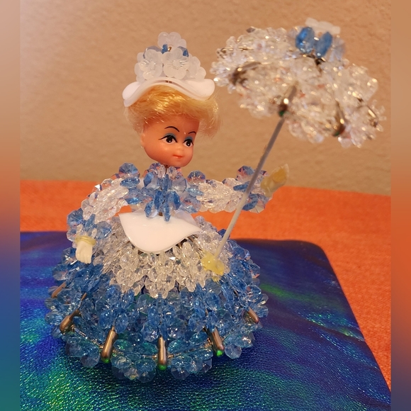 Vintage Handcrafted Safety Pin Doll Blue & Clear Dress  Umbrella BENIFIT CHARTIY - Picture 1 of 5